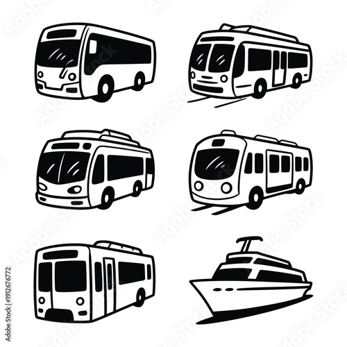 Fleet of Transportation Icons: A set of six unique illustrations showcases various modes of transportation in a monochromatic style.