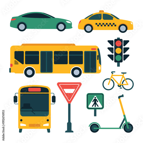 Urban Transportation: This illustration showcases a variety of urban transport methods, each playing a vital role in daily commutes. Included are a sleek car, a classic taxi, a spacious bus.