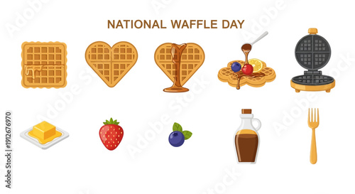National Waffle Day illustration with various waffles toppings and utensils