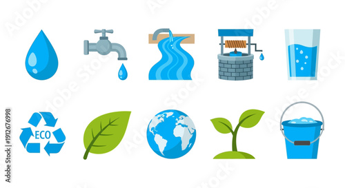 Row of ten blue and green icons related to water and ecology