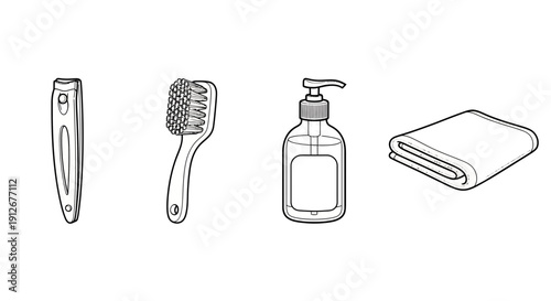 Bathroom Essentials: Soap Dispenser, Brush, Nail File, and Towel - Cleanliness and Hygiene Icons