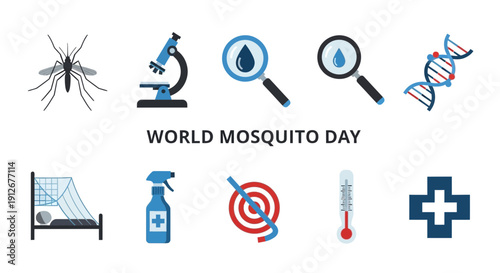 Vector icons for World Mosquito Day illustrating science protection and health
