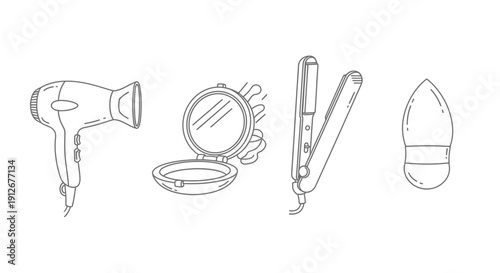 Beauty Tools Collection: Hair Dryer, Compact Mirror, Straightener, Makeup Sponge Line Art