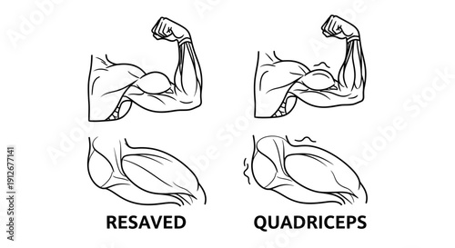 Biceps Muscle Anatomy Comparison: Flexed vs. Relaxed Arm, Quadriceps Illustration