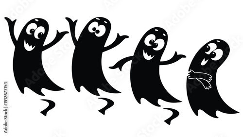 Four playful ghost silhouettes dance with glee showcasing a spooky and whimsical design silhouette high quality