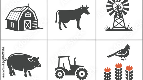 Farm animal and building icons in a grid layout featuring distinct silhouettes high quality professional detailed