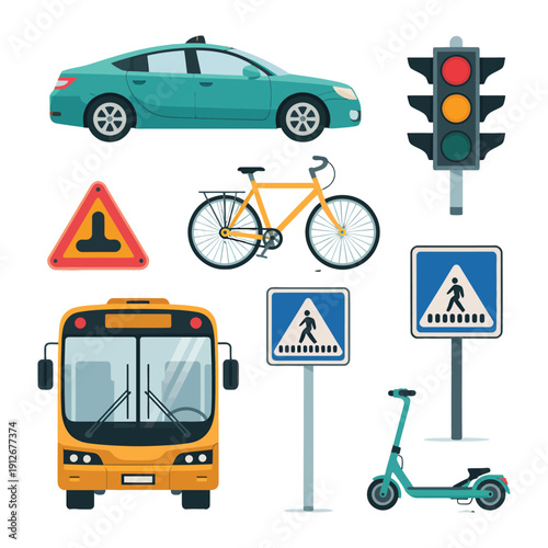 Urban Mobility Collection: A compilation of essential urban transport elements, including a car, traffic light, road signs, bicycle, bus, pedestrian crossing signs, and an electric scooter.