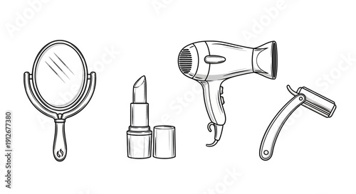 Vintage Beauty Tools: Mirror, Lipstick, Hair Dryer, Straight Razor - Line Art