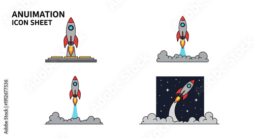 Rocket Launch Animation Sequence: Takeoff, Ascent, Space Travel Icons