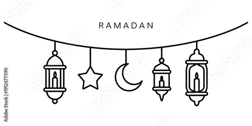 Ramadan kareem festive hanging lanterns star and crescent moon line art illustration Vector, illustration