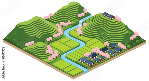A serene isometric landscape showcases lush green terraced hills and a winding river flowing past traditional blue-roofed cottages, all beautifully accented by vibrant pink cherry blossom trees