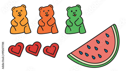Colorful gummy bears watermelon slice and hearts form a playful bright composition silhouette high quality professional