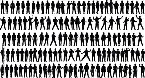 Silhouettes of diverse people in various poses, standing waving pointing gesturing, male female figures, human posture illustration concept