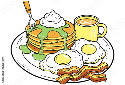 Delicious hearty breakfast plate artwork. Pancakes with whipped cream and green sauce sketch. Fried eggs bacon coffee graphic print. Vintage diner foo