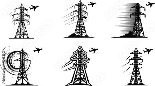 Industrial silhouette set featuring high voltage power towers, electrical utility poles, factory buildings, children playing, airplane flight, energy infrastructure network,