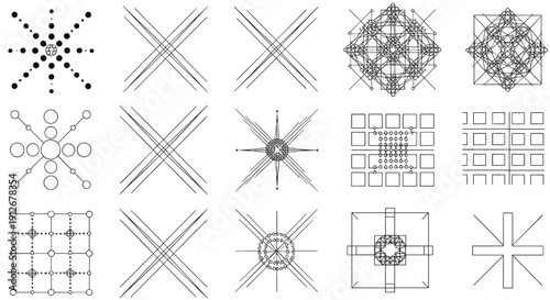 Set of abstract geometric line structures vector symbols minimal technical patterns modern design collection