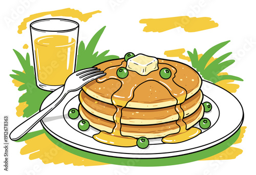 Pancake stack vintage artwork for food menu. Delicious breakfast or brunch design. Hand drawn sweet dessert graphic. Syrup and butter on pancakes illu