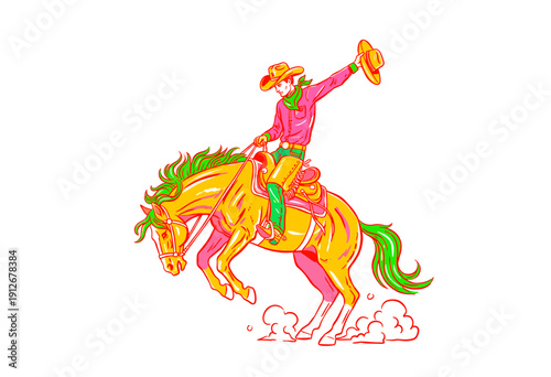 Wild west rodeo vector artwork for t-shirt. Cowboy on bucking horse illustration. Neon vibrant colors vintage style graphic. Horse riding sport champi