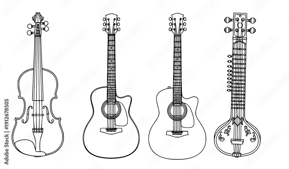 Naklejka premium Traditional string musical instruments line drawing vector set