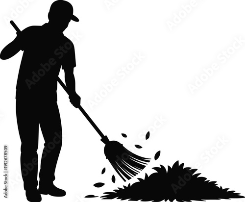 Gardener silhouette illustration, man raking leaves, autumn yard work concept, landscaping service, outdoor maintenance, black vector, isolated white background, design