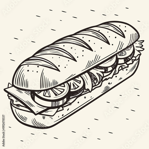 Detailed sketch of a long sandwich with visible fillings presented as a silhouette high quality professional