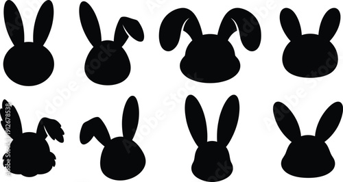 Set of Rabbit Head Silhouettes – Easter Bunny Faces Vector Bundle, Black Cutout Icons, Isolated on White