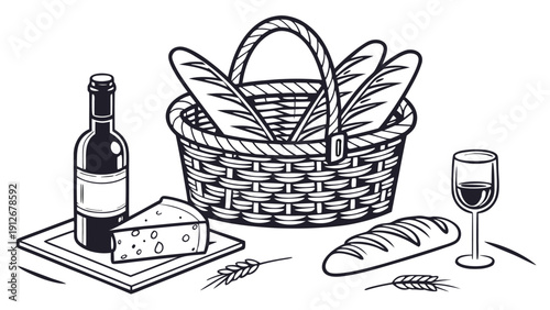 A charming picnic scene featuring bread wine cheese and glassware silhouette high quality professional detailed modern