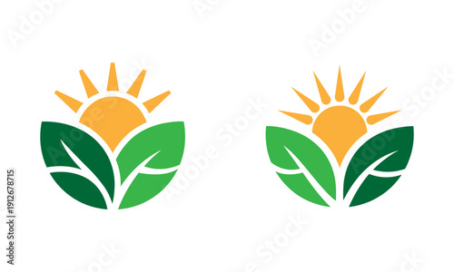 Two vibrant stylized sun and leaf emblems are displayed against a solid black background showcasing a natural motif