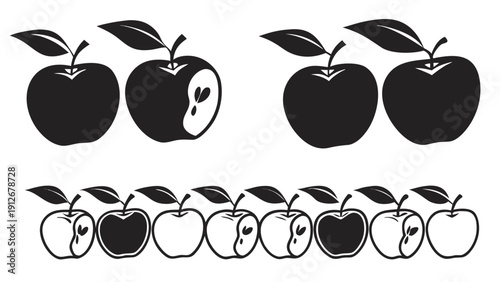 Black silhouettes of apples including one bitten apple with leaves a minimalist illustration silhouette high quality