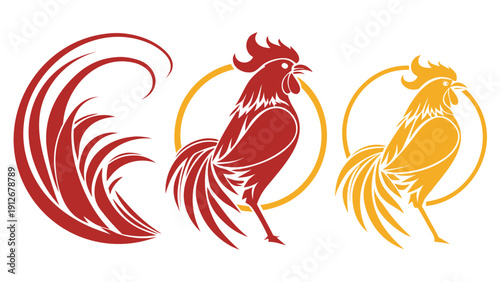 Three vibrant rooster designs with swirling elements showcasing a bold artistic silhouette high quality professional detailed