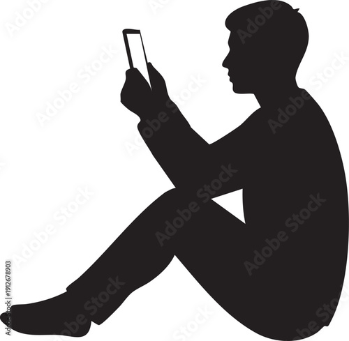 Person sitting and holding a tablet vertically silhouette isolated on white background minimalist digital device and technology usage illustration