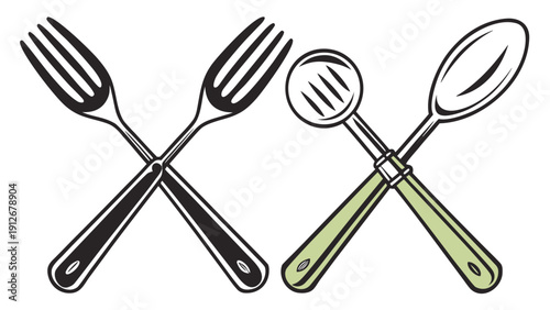 Cutlery arrangement featuring forks a spoon and a slotted spoon in a dark silhouette high quality