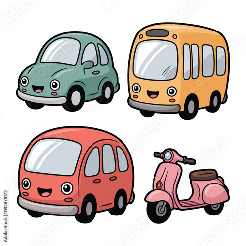Joyful Transportation Parade: A delightful illustration showcases a charming ensemble of transport vehicles, each exuding a playful and welcoming persona.