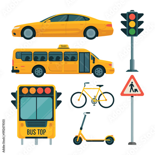 Urban Mobility Showcase: An array of transportation options illustrates diverse choices, including a car, bus, bicycle, scooter, and traffic signals, symbolizing efficient movement within a city.
