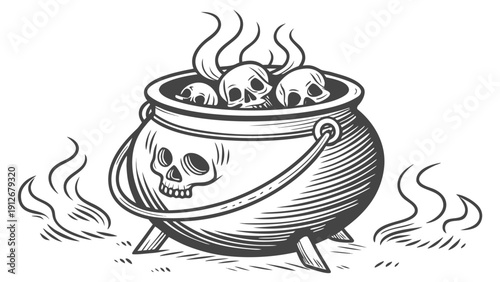A bubbling cauldron filled with skulls and smoke presented as a striking silhouette high quality professional