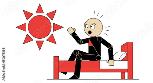 Startled Stick Figure Waking Up Suddenly in Bed to Bright Sun. Early Morning Shock, Oversleeping, Alarm, and Energy Illustration.