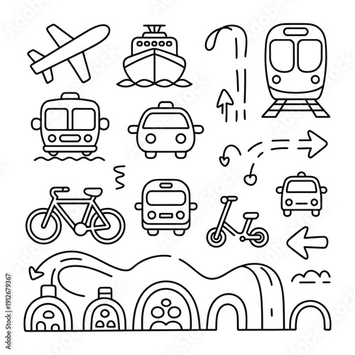 Transportation Doodle Art: A collection of simple black line art icons depicting various modes of transportation, ideal for illustrating travel, movement, and mobility.