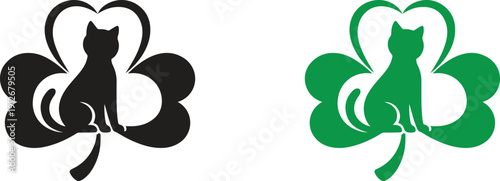 Cat silhouette inside four leaf clover with heart shape, lucky pet love symbol, animal mascot icon, minimal flat vector illustration