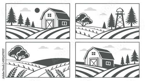 Four black and white rural scenes depict barns fields and trees in silhouette high quality professional