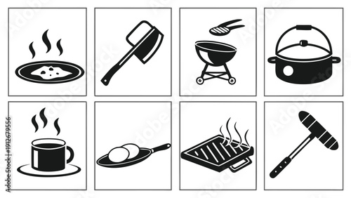 Grilling and cooking utensils depicted in a grid of black silhouettes high quality professional detailed modern
