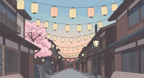 Traditional Japanese street scene with lanterns, cherry blossoms, and wooden buildings viewed from a central alleyway