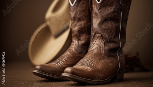 A tight image of boots, a cowboy hat, and a guitar neck