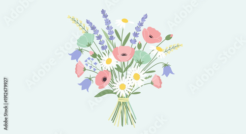 Beautiful floral bouquet with pink flowers and blue delphiniums arranged together in a vibrant illustration
