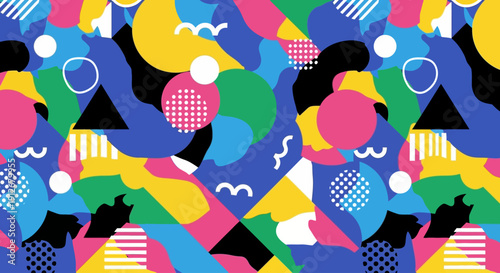 Vibrant abstract shapes and patterns in a dynamic composition on a blue background from a direct viewpoint