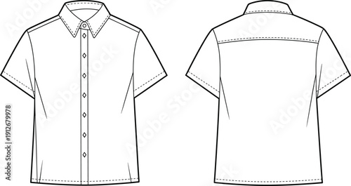 Men Short Sleeve Button Down Shirt Vector Technical Drawing Illustration, Front and Back View Casual Apparel Fashion Design Mockup Template,