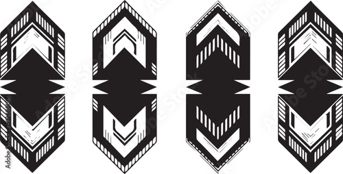 Abstract geometric ornaments, black and white symmetrical vector designs with mirrored arrowhead motifs and decorative line patterns