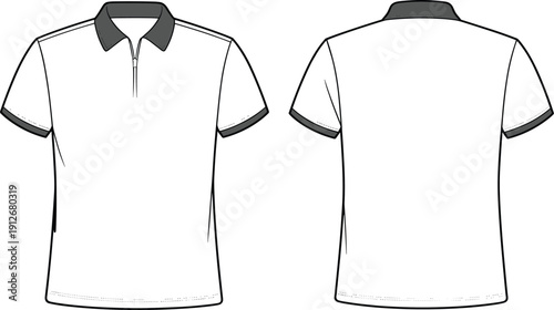 Men Short Sleeve Zip Neck Polo Shirt Vector Technical Drawing Illustration, Front and Back View Casual Apparel Fashion Design Template,