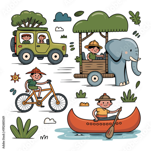 Adventure Time: An illustration of children in different modes of transportation like safari car, cart pulled by elephant, cycle, boat, exploring the vibrant natural world