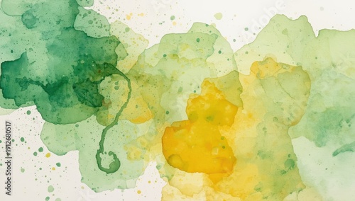 Abstract artwork featuring green and yellow watercolor splashes on a white background