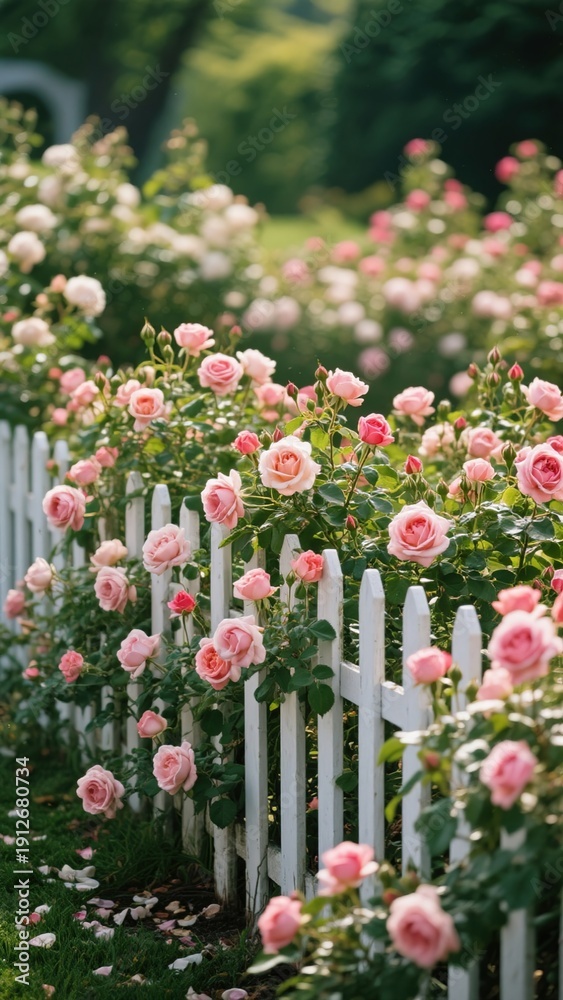 Obraz premium Pink Roses Climbing White Fence Garden, Spring Romantic Healing Scene